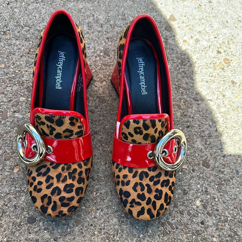 Jeffrey Campbell Leopard Print Heels with Red and Gold Accents